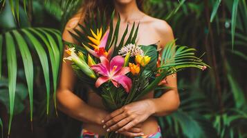 ai generato ritratto di bellissimo giovane donna Tenere mazzo di fiori nel tropicale giardino foto