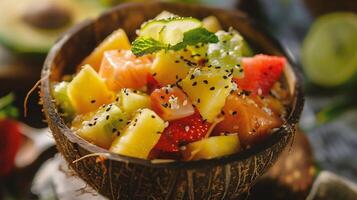 ai generato fresco frutta insalata con fragole, kiwi, Mango e Noce di cocco foto