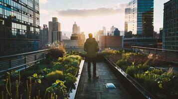 ai generato uomo giardiniere in piedi su balcone di appartamento e assunzione cura di impianti foto