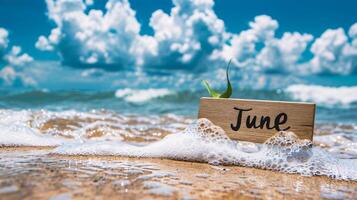 ai generato di legno bloccare con parola giugno su il spiaggia con onda e blu cielo sfondo foto