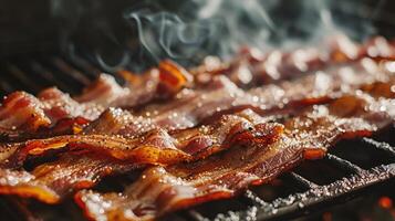 ai generato avvicinamento di Bacon essere grigliato su un' barbecue griglia con Fumo foto