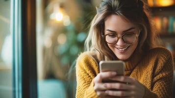 ai generato sorridente giovane donna nel occhiali utilizzando smartphone mentre seduta nel bar foto