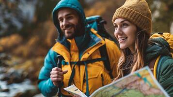 ai generato selettivo messa a fuoco di sorridente coppia con carta geografica guardare a telecamera nel montagne foto