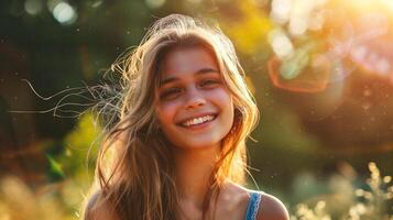 ai generato ritratto di un' bellissimo sorridente giovane donna con lungo capelli nel un' estate parco foto