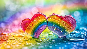 ai generato arcobaleno cuori con gocce di acqua su un' sfondo di arcobaleno colori foto