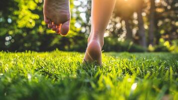 ai generato vicino su di donna gambe a piedi su verde erba nel il parco. foto