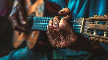 ai generato vicino su di un' uomo giocando acustico chitarra. vicino su di il mani di un' uomo giocando il chitarra. foto