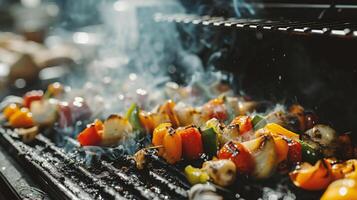 ai generato avvicinamento di grigliato verdure essere cucinato su barbecue griglia con scintille e fiamme foto