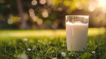 ai generato bicchiere di latte su verde erba con bokeh leggero sfondo. foto