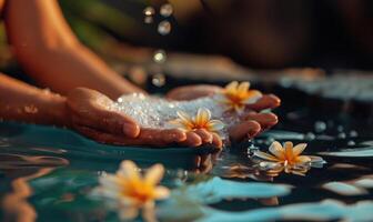 ai generato avvicinamento di femmina mani con terme sale e fiori nel nuoto piscina foto