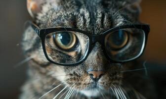 ai generato ritratto di un' gatto indossare occhiali, avvicinamento foto