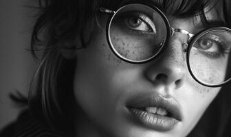 ai generato avvicinamento ritratto di un' bellissimo giovane donna con occhiali. nero e bianca foto. foto
