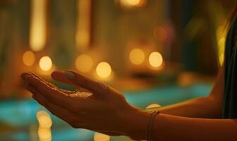 ai generato vicino su di donna mani Meditare con candela leggero nel sfondo. foto