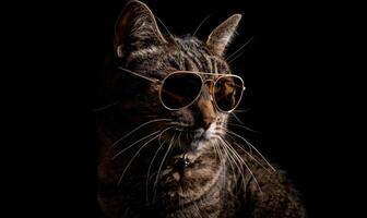 ai generato avvicinamento ritratto di un' gatto indossare occhiali da sole su un' nero sfondo. foto