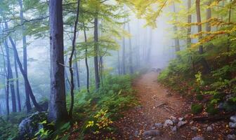 ai generato autunno faggio foresta nel nebbioso mattina. naturale paesaggio. foto