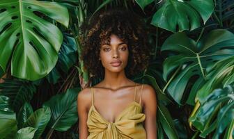 ai generato bellissimo africano americano donna guardare a telecamera mentre in posa tra tropicale le foglie foto
