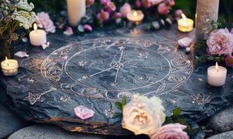 ai generato antico astrologico cartello di zodiaco e ardente candele su un' buio marmo sfondo foto