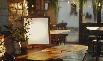 ai generato vuoto foto telaio su di legno tavolo nel bar. modello per design