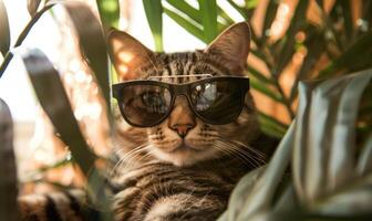 ai generato carino soriano gatto indossare occhiali da sole e seduta su un' verde foglia foto