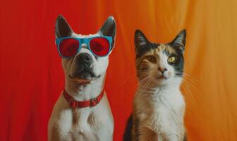 ai generato gatto e cane indossare rosso occhiali da sole su arancia sfondo. concetto di amicizia. foto
