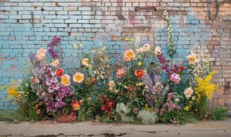 ai generato colorato fiori nel davanti di un vecchio mattone parete, urbano sfondo foto