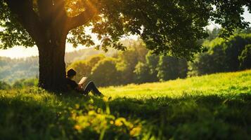 ai generato giovane donna lettura un' libro nel il parco a tramonto. bellissimo natura sfondo. foto