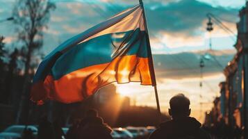 ai generato folla di persone con russo bandiere nel il città. Russia. foto