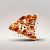ai generato un' fetta di croccante Pizza realistico con carne e formaggio bianca sfondo foto