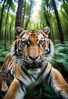 ai generato animale rendere autoscatto nel foresta. avvicinamento tigre nel foresta prendere autoscatto. interazione fra natura e moderno fotografia tendenze foto