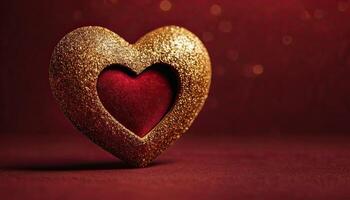 ai generato amore, cuore, celebrazione. cuore su strutturato superficie sotto, morbido messa a fuoco d'oro luci creare bokeh nel sfondo. celebrazione carta o romantico eventi invito. San Valentino giorno foto