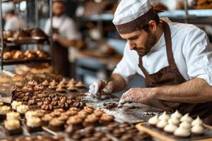 ai generato maschio pasticciere Lavorando nel supermercato . ai generato foto