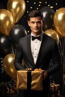ai generato contento caucasico compleanno uomo Tenere con regalo scatola, nero e oro palloncini nel il sfondo. ai generato foto