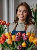 ai generato donna fioraio raccoglie un' mazzo di tulipani - fresco tagliare fiori nel scatole e vasi nel fiore negozio e cremagliere per saldi, consegna per il vacanza. molla, marzo 8, Da donna giorno, compleanno. foto