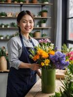 ai generato asiatico donna fioraio raccoglie un' mazzo di primavera fiori- fresco tagliare fiori nel vasi nel fiore negozio e cremagliere per saldi, consegna per il vacanza. molla, marzo 8, Da donna giorno, compleanno. foto