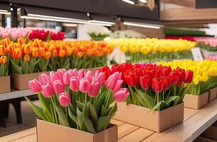 ai generato colorato mazzi di fiori di tulipani nel un' fiore negozio - fresco tagliare fiori nel scatole e vasi nel un' magazzino e cremagliere per saldi, consegna per il vacanza. molla, marzo 8, Da donna giorno, compleanno. foto