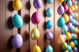 ai generato ghirlanda di colorato Pasqua uova - Pasqua arredamento avvicinamento. ai generato foto