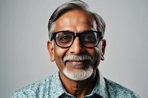 ai generato adulto contento indiano uomo indossare occhiali su un' grigio solido sfondo con copia spazio. ai generato foto
