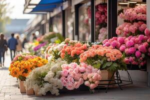 ai generato fiore mercato su il soleggiato strada di il città - vivere tagliare mazzi di fiori siamo venduto su all'aperto bancarelle. ai generato foto