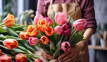 ai generato un' femmina fioraio raccoglie un' mazzo di tulipani - fresco tagliare fiori nel scatole e vasi nel un' magazzino e cremagliere per saldi, consegna per il vacanza. molla, marzo 8, Da donna giorno, compleanno. foto