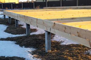 il fondazione di un' di legno telaio Casa su trampoli è un' costruzione luogo, il processi di edificio un' telaio foto