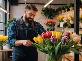 ai generato uomo fioraio raccoglie un' mazzo di tulipani - fresco tagliare fiori nel scatole e vasi nel un' magazzino e cremagliere per saldi, consegna per il vacanza. molla, marzo 8, Da donna giorno, compleanno foto