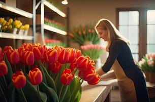 ai generato un' femmina fioraio raccoglie un' mazzo di tulipani - fresco tagliare fiori nel scatole e vasi nel un' magazzino e cremagliere per saldi, consegna per il vacanza. molla, marzo 8, Da donna giorno, compleanno. foto