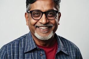 ai generato adulto contento indiano uomo indossare occhiali su un' grigio solido sfondo con copia spazio. ai generato foto