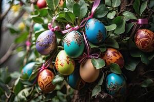 ai generato ghirlanda di colorato Pasqua uova - Pasqua arredamento avvicinamento. ai generato foto