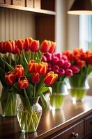 ai generato colorato mazzi di fiori di tulipani nel un' fiore negozio - fresco tagliare fiori nel scatole e vasi nel un' magazzino e cremagliere per saldi, consegna per il vacanza. molla, marzo 8, Da donna giorno, compleanno. foto