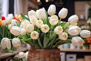 ai generato bianca mazzi di fiori di tulipani nel un' fiore negozio - fresco tagliare fiori nel scatole e vasi nel un' magazzino e cremagliere per saldi, consegna per il vacanza. molla, marzo 8, Da donna giorno, compleanno. foto