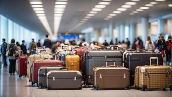 ai generato un' mazzo di valigie a il aeroporto - carico controllo, Bagaglio indennità e mano bagaglio parametri su il aereo, sicurezza, registrare e consegna di personale effetti personali. ai generato foto