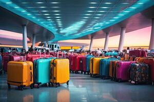 ai generato un' mazzo di valigie a il aeroporto - carico controllo, Bagaglio indennità e mano bagaglio parametri su il aereo, sicurezza, registrare e consegna di personale effetti personali. ai generato foto