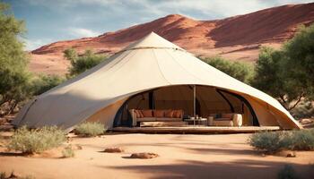 ai generato campeggio tenda nel il deserto a tramonto. ai generativo foto