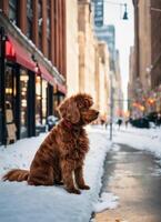 ai generato carino nova scozia anatra rintocchi cane da riporto cane seduta su un' nevoso strada. ai generativo foto